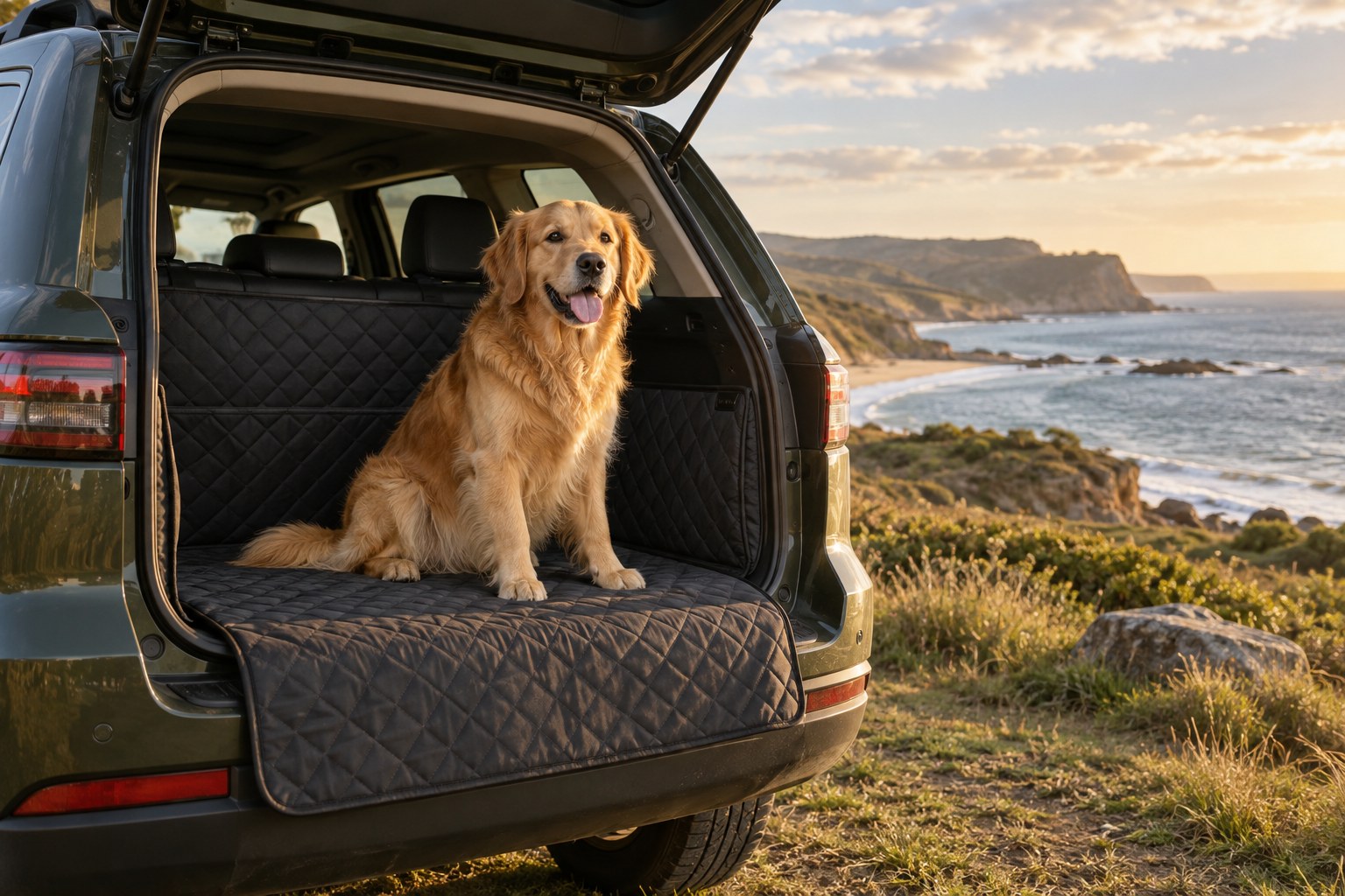 Concept of a dog boot liner in a vehicle at a coastal campsite
